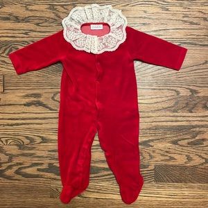 Pukatuka 6 month red velour onesie with lace collar